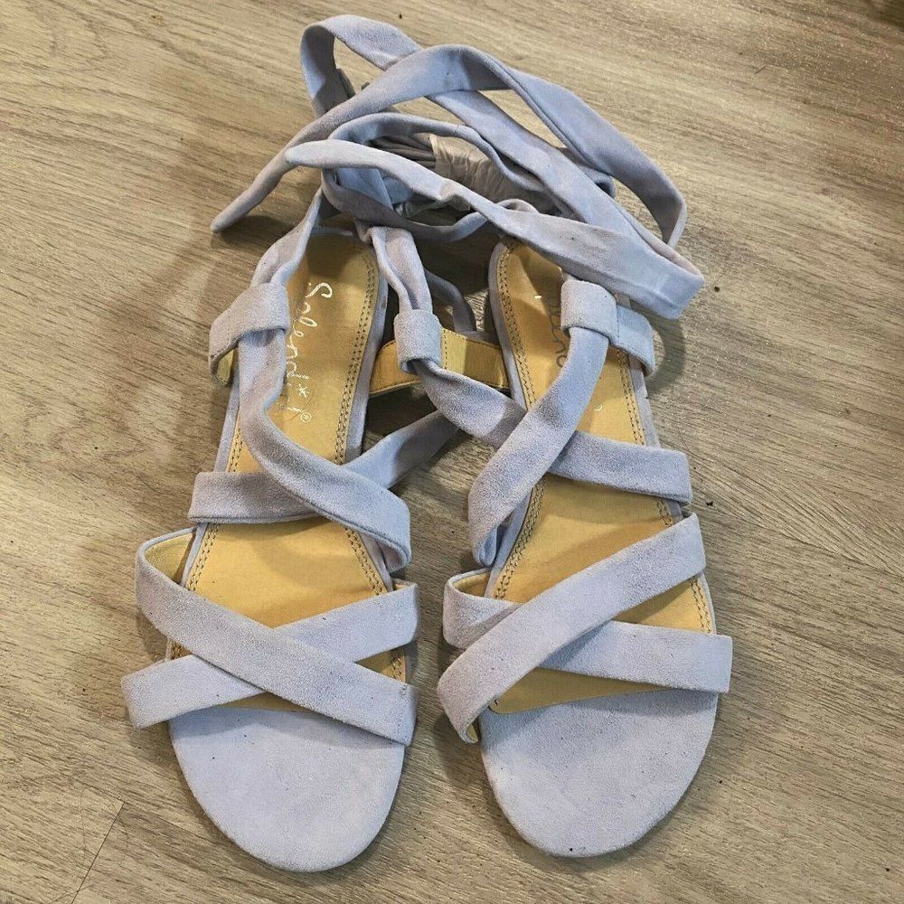 Splendid, women's blue suede open toed wrapped ankle strap casual sandals sz 7.5